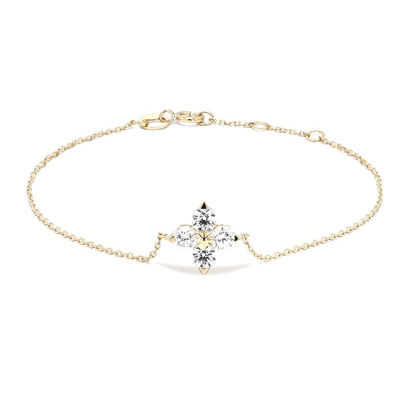 4 Round Stone Four-Point Star Solitaire Diamond Dainty Yellow Gold Bracelet