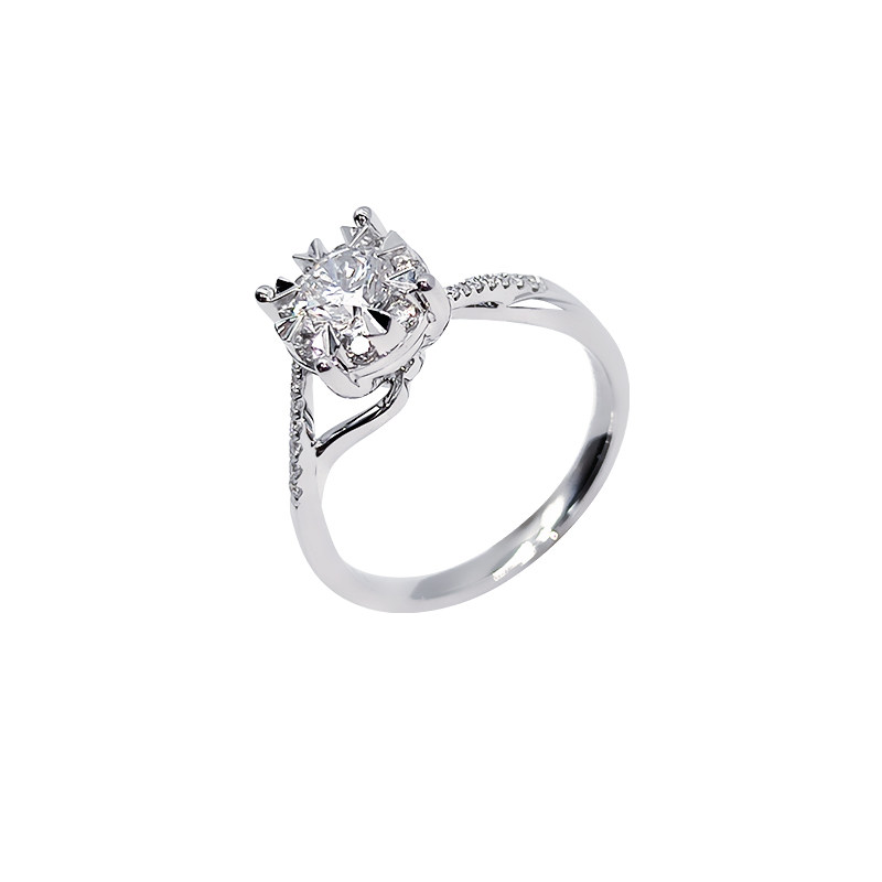 8 Prong Bud Head Round Cut Diamond Ring With Single Row Half Pave Cathedral Shank