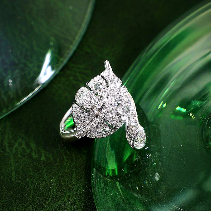 Leaf Motif Pave Lab Diamond Ring With Bypass Shoulders & Single Pear Cut Tip Accent