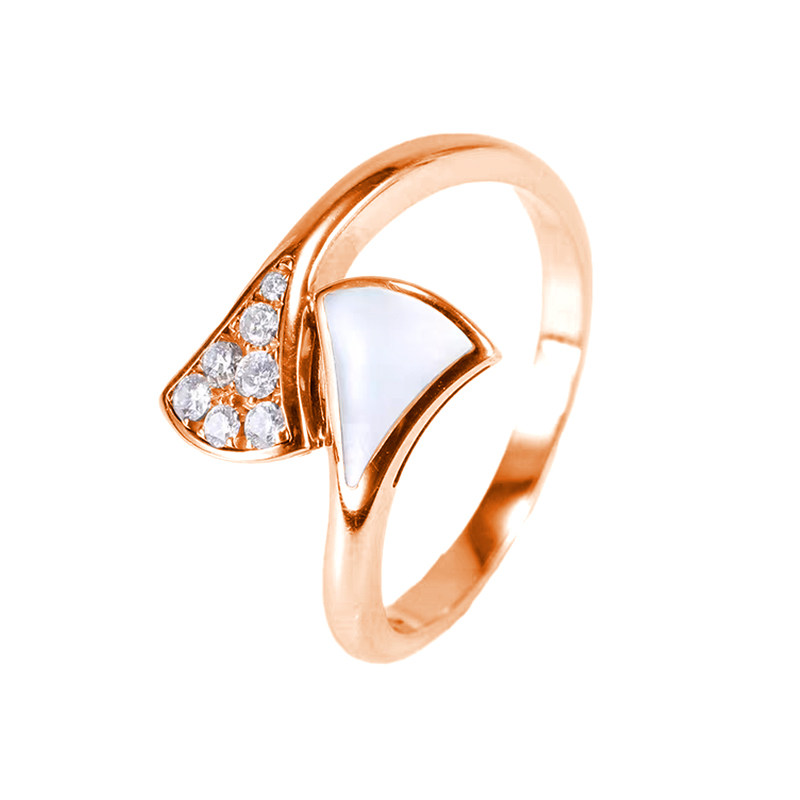 Ginkgo Leaf Mother Of Pearl Pave Rose Gold Manufactured Diamond Unique Bypass Fashion Ring