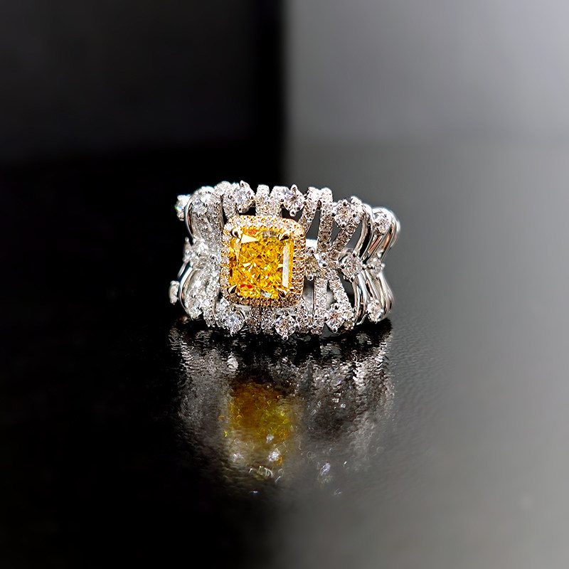 Yellow Cushion Cut Halo Lab Cultured Diamond Ring With Linked Openwork Bow Band