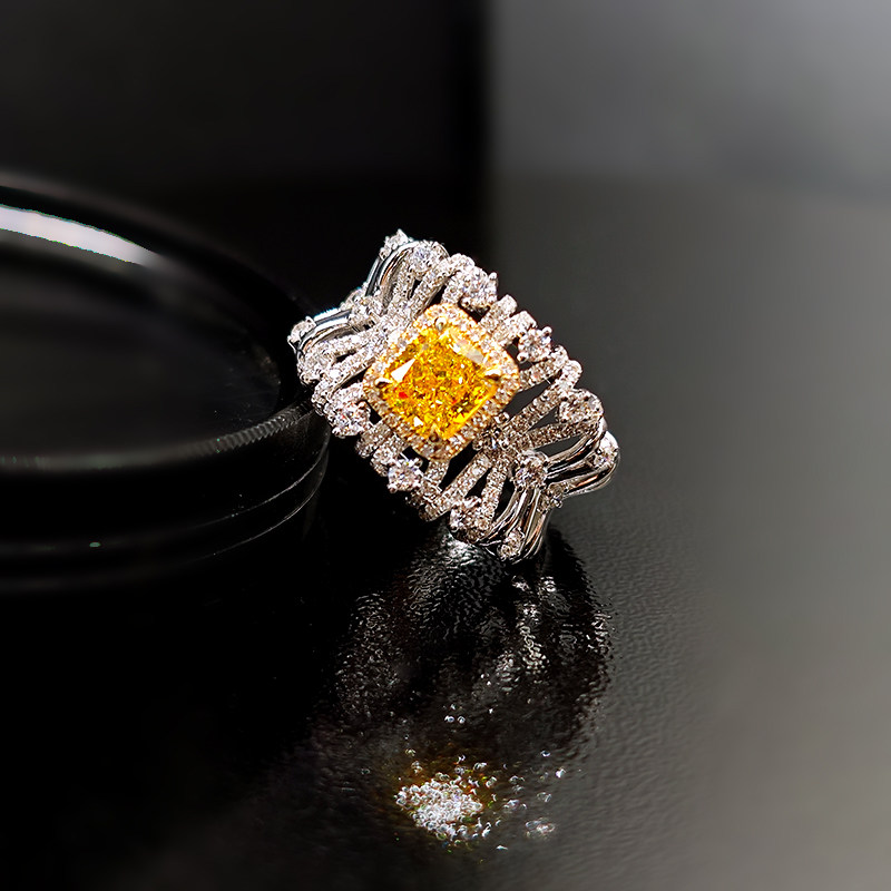 Yellow Cushion Cut Halo Lab Cultured Diamond Ring With Linked Openwork Bow Band in white gold