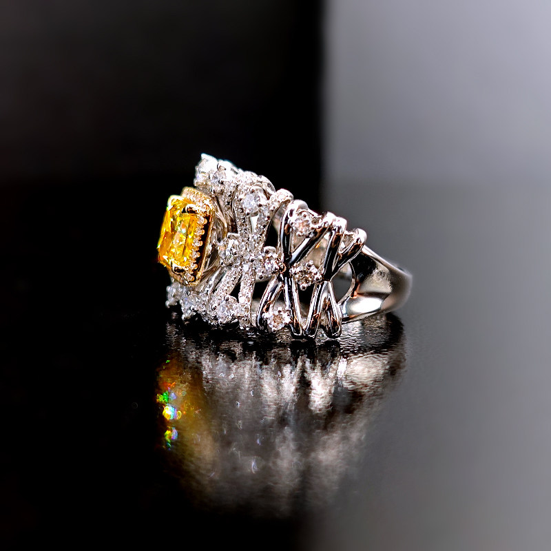 Yellow Cushion Cut Halo Lab Cultured Diamond Ring With Linked Openwork Bow Band detail view