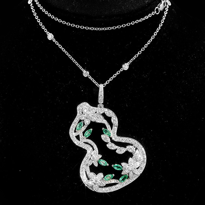Open Hollow Gourd Frame Floral & Leaf Motif Lab Diamond Pendant double layer Necklace