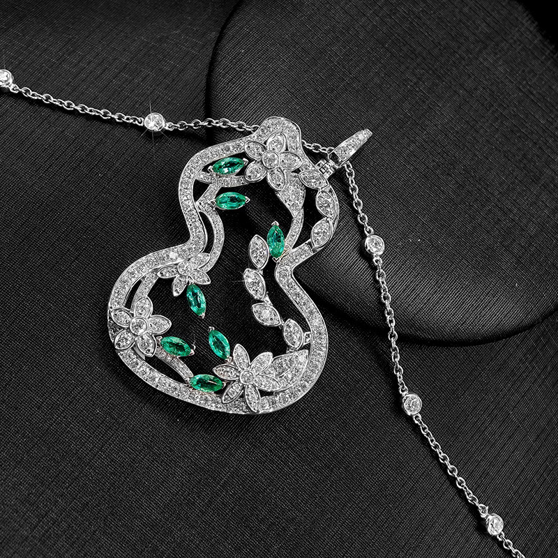 Open Hollow Gourd Frame Floral & Leaf Motif Lab Diamond Pendant Necklace details