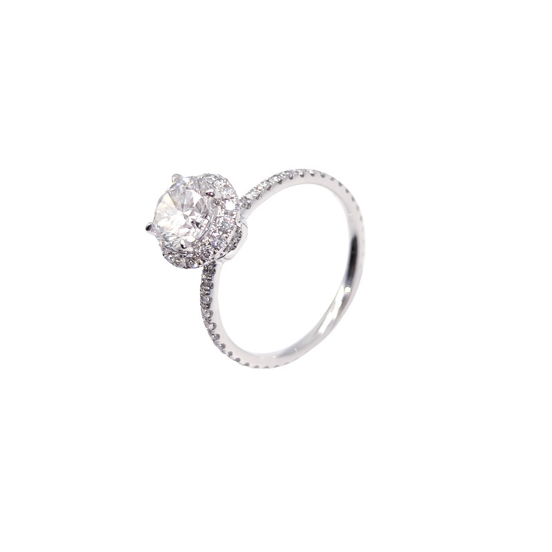 4 Prong High Profile Round Cut & Staggered Halo Diamond Ring With Full Eternity Pave Shank
