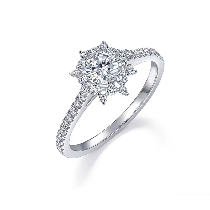 Round Cut Stone Snow Flower Accents Diamond Ring With Eterinty Half Pave Shank