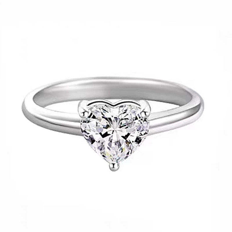 White Gold Solitaire 3 Prong Heart Cut Synthetic Diamond Engagement Ring White background img
