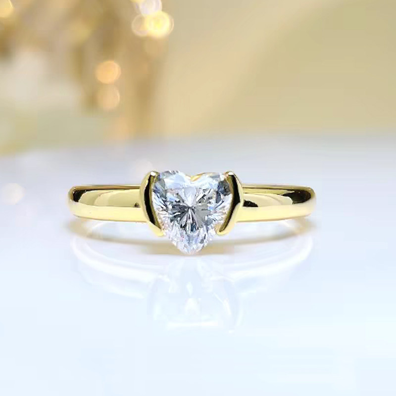 Heart Cut Solitaire Half Bezel Man Made Diamond Ring With Plain Yellow Gold Shank