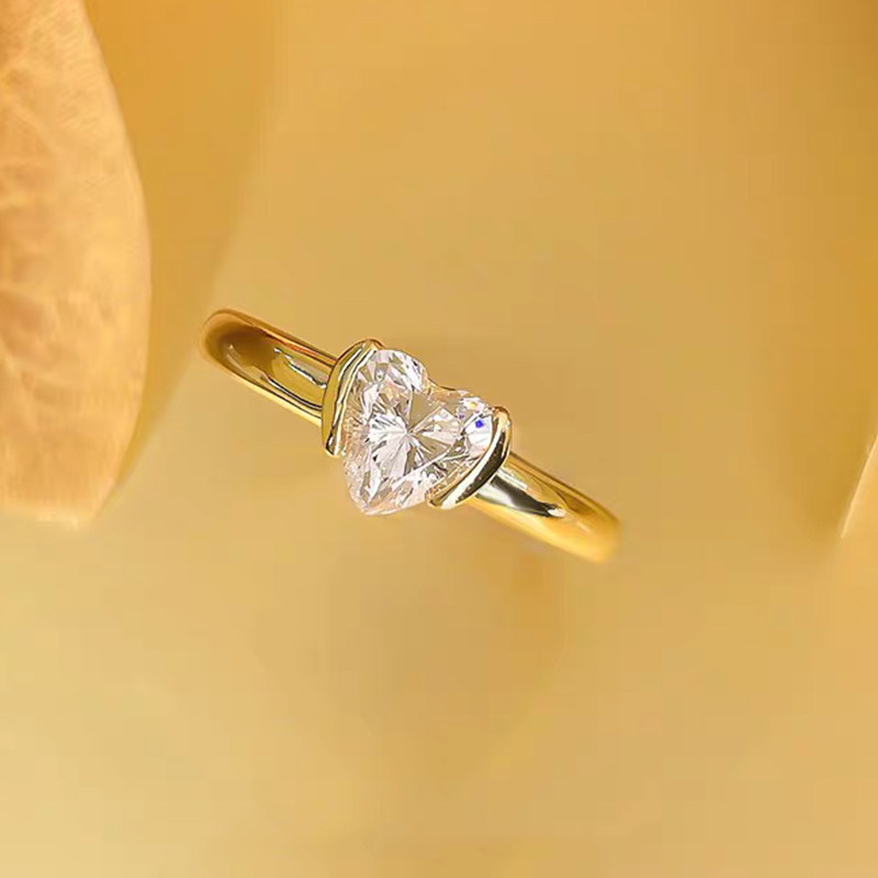 Heart Cut Solitaire Half Bezel Man Made Diamond Ring With Plain Yellow Gold Shank top view