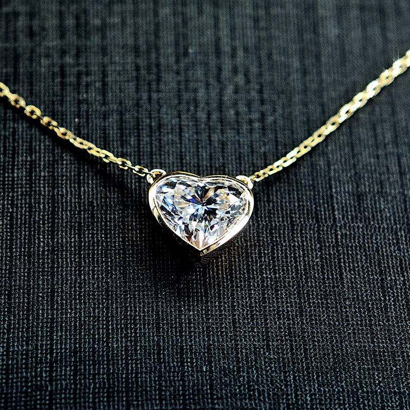 Solitaire Heart Cut Bezel Open Bottom Dual Bail Lab Diamond Necklace pendant detail view in black blackground