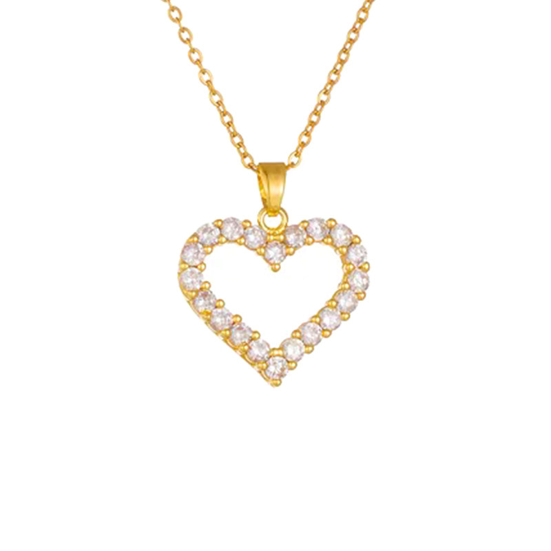 Hollow Heart Deco Single Row Pave Ethical Lab Diamond Necklace in Yellow Gold