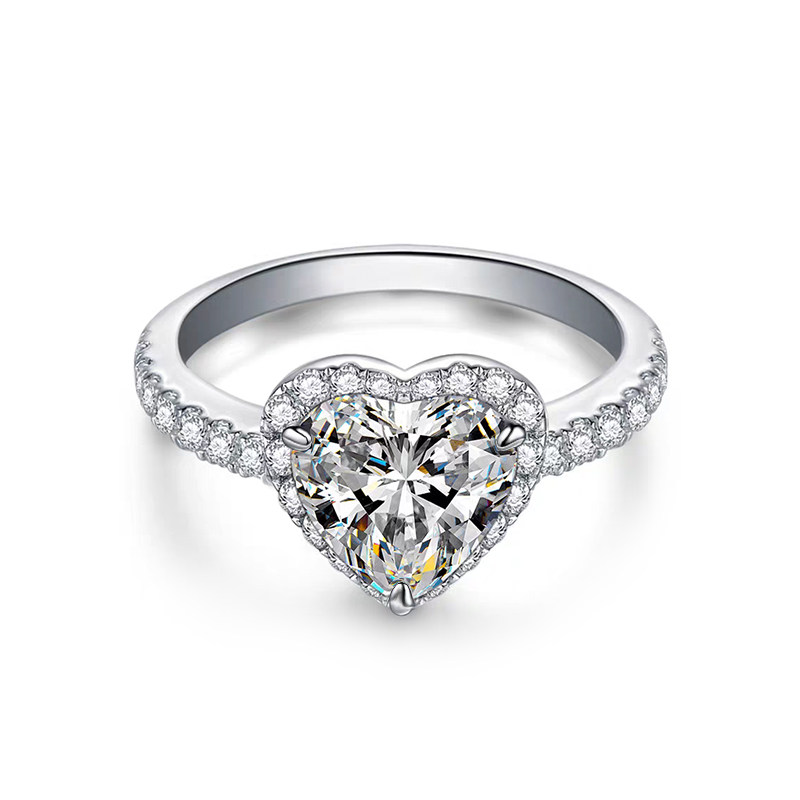 Heart Cut 3 Prong Halo Solitaire Diamond Ring With Half Eternity Pave Slim Band
