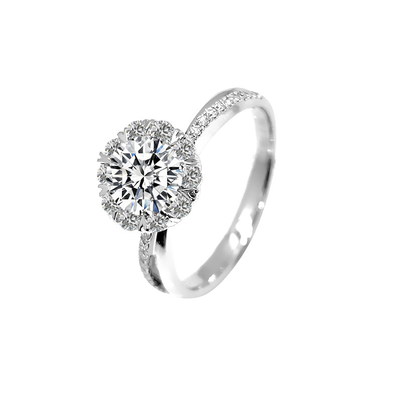 Round Cut Halo Multi Heart Shapped Prong Diamond Ring With Symmetric Dual Half Pavé Shoulders