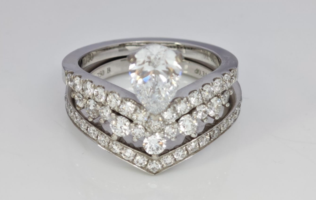 Heart Silhouette Pear Center Stone White Gold Artificial Diamond Layered Bridal Ring Set close up