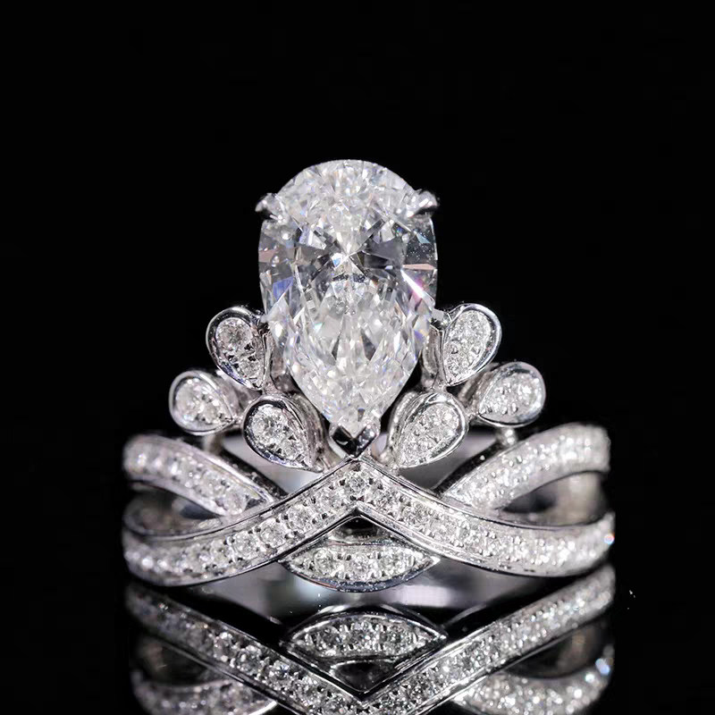 Crown Motif 7 Pear Cut Lab Diamond Ring With Split 2 Intertwined Overlapping Half Pave Shank