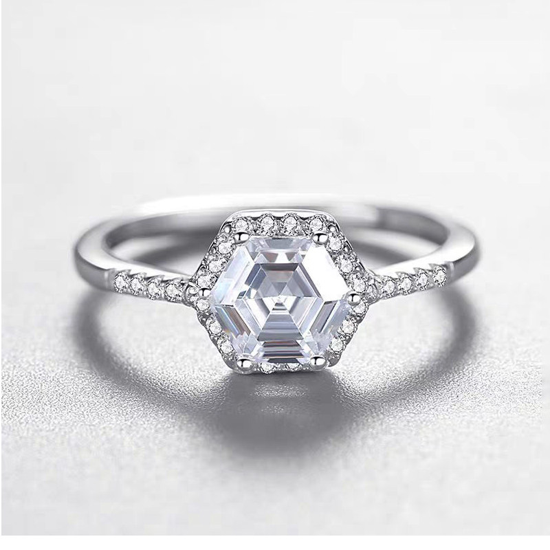 Hexagon Cut Halo Man Made Diamond Ring With Quarter Pave Shank