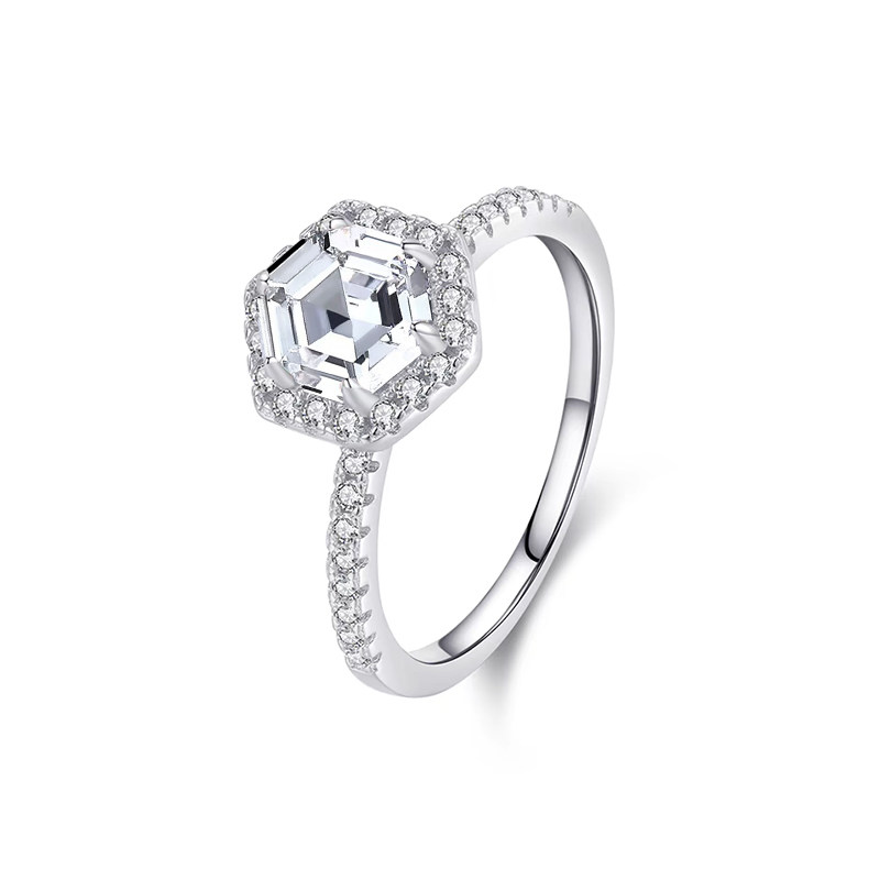 Hexagon Cut Halo Man Made Diamond Ring With Quarter Pave Shank font view