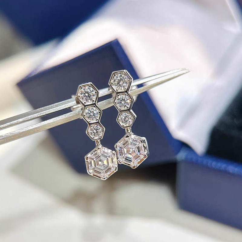 Muti Hexagons Motif Hexagon Cut Main Stone & Round Accents Diamond Stud close-up