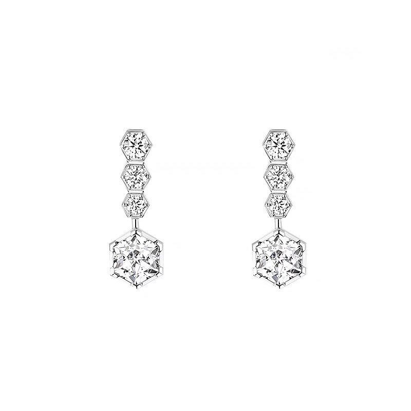 Muti Hexagons Motif Hexagon Cut Main Stone & Round Accents Diamond Stud in blank background