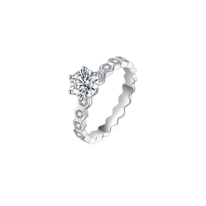 Six Prong Solitaire Synthetic Diamond Ring With Continuous Linked Hexagon Accents Shank