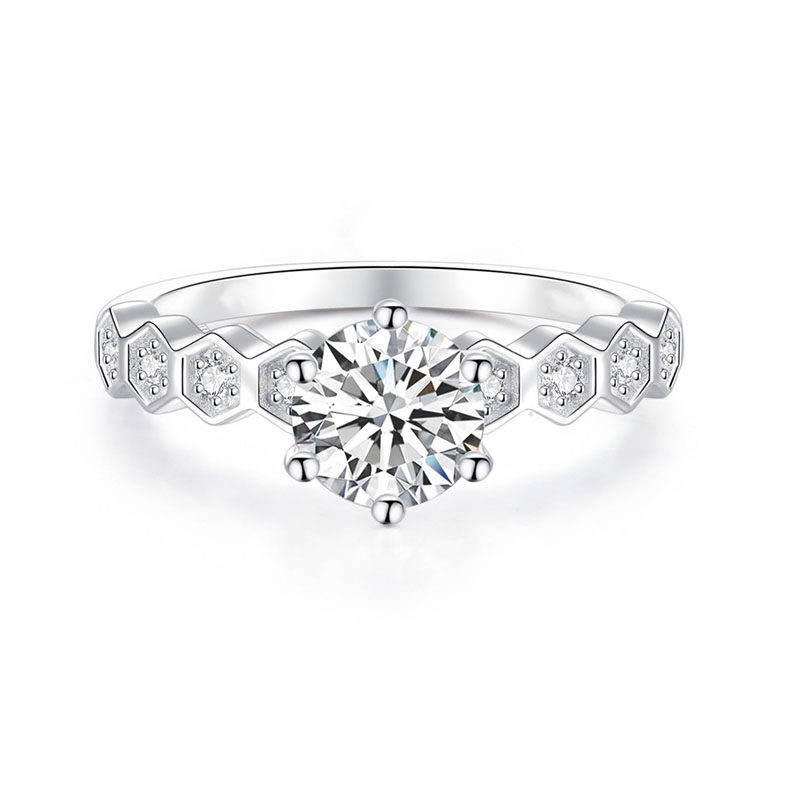 6 Prong Round Cut Engravable Lab Diamond Engagement Ring With Hexagonal Shoulder