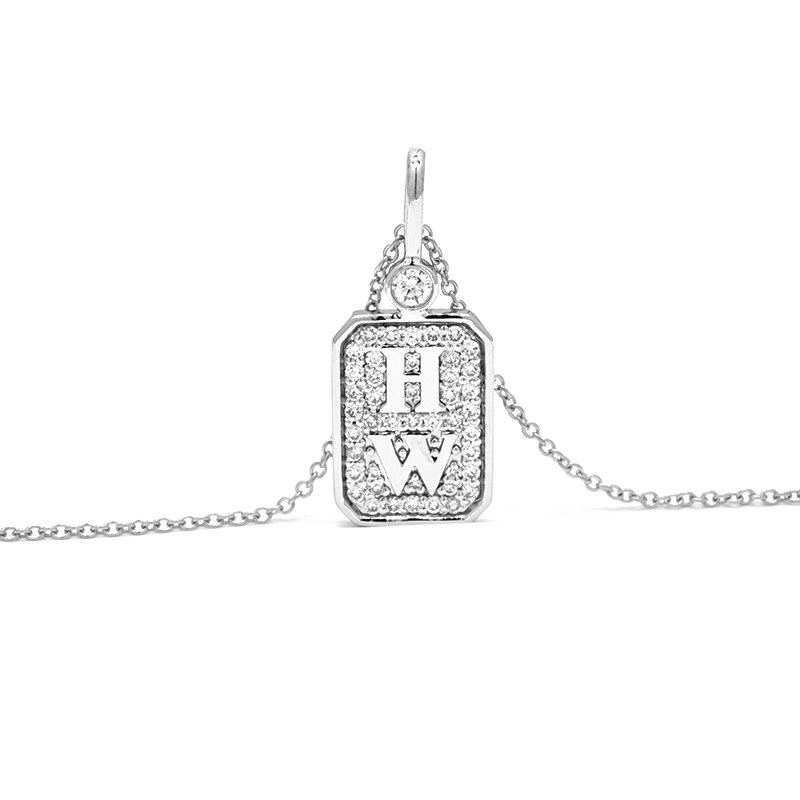 Custom Letters Chamfered Rectangle Full Pave Diamond Medallion Pendant Necklace