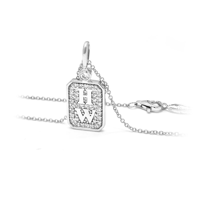 Custom Letters Chamfered Rectangle Full Pave Diamond Medallion Pendant Necklace close up