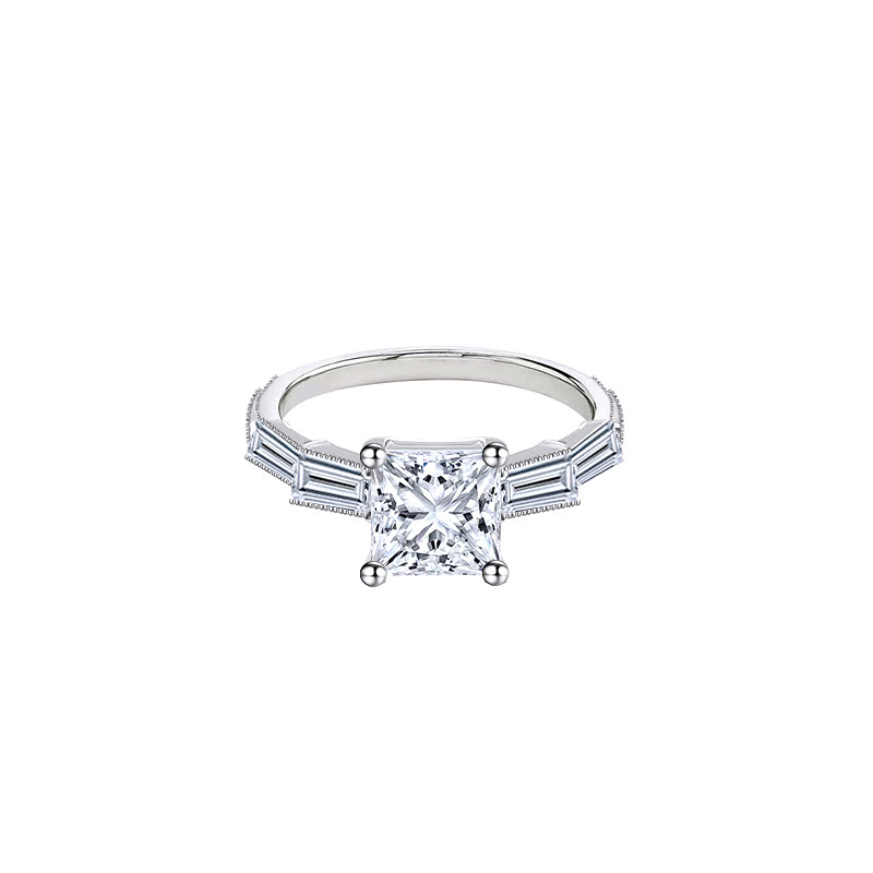 Solitaire Princess Cut Man Made Diamond Engagement Ring With Staggered Trapezoid Accents Shoulder