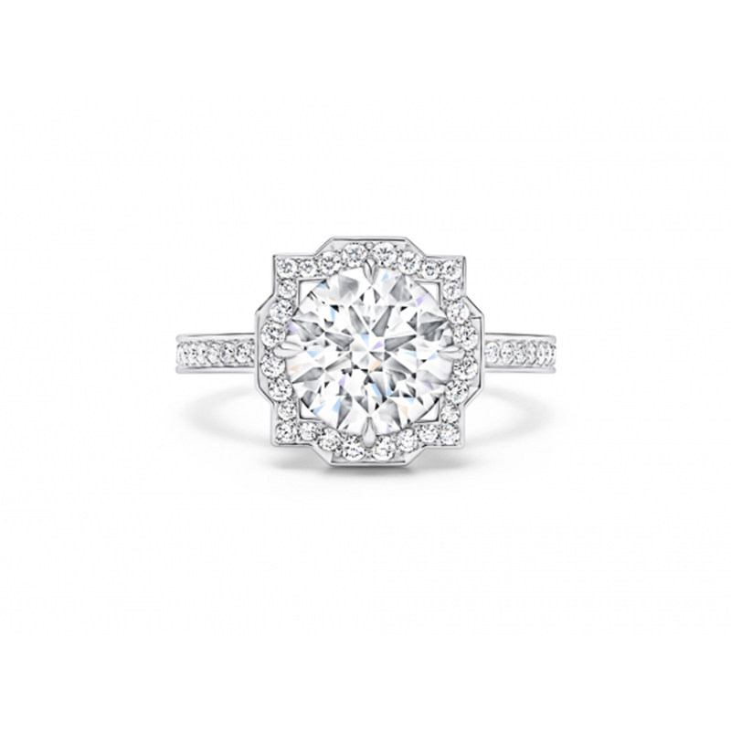 Round Cut Stone Octagonal Art Deco Halo Pave Engagement Ring With Channel Pave Band