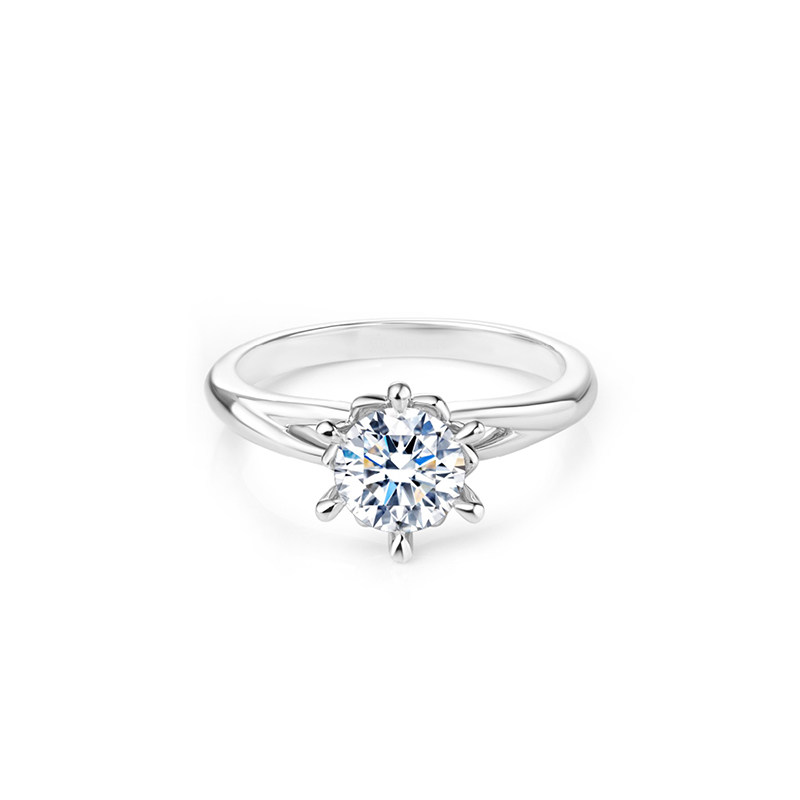 Classic Six Prong Solitaire Flora Setting Diamond Ring With Split Shoulder & Plain Band