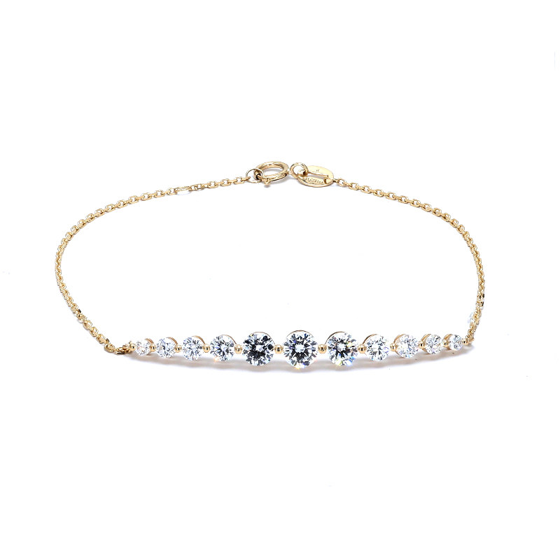 11 Symmetrical Graduated Round Cut Lab Diamond Yellow Gold Bracelet