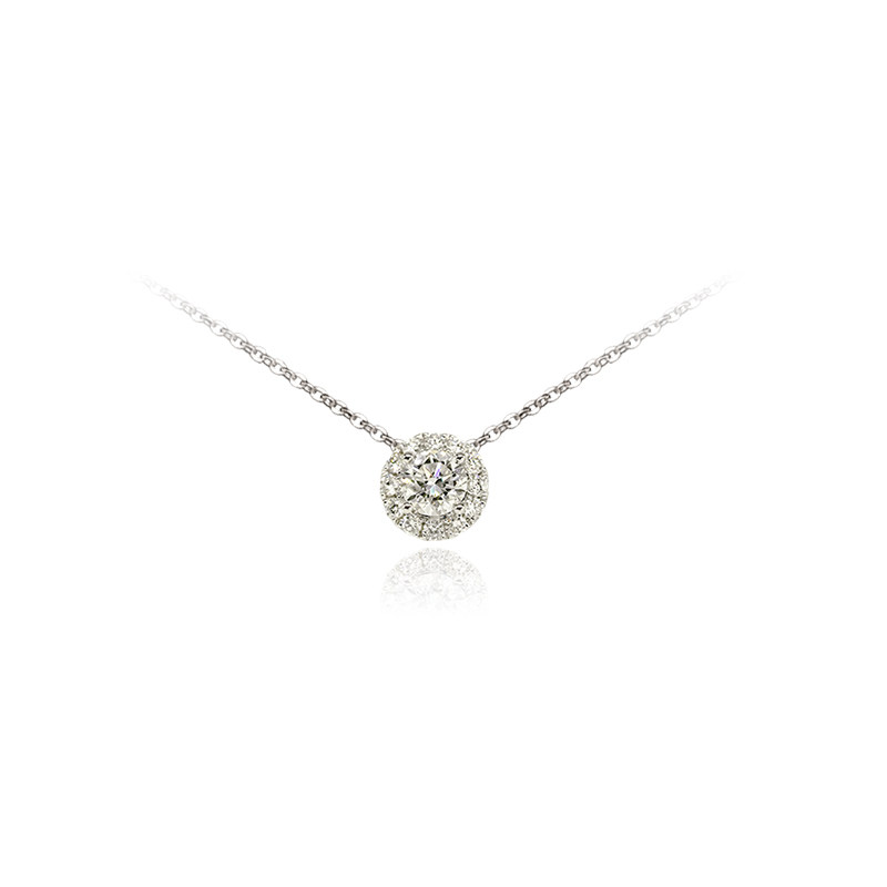 Petite Round Cut Halo Lab Cultured Diamond Necklace With Double-Sided Bevelled Chain