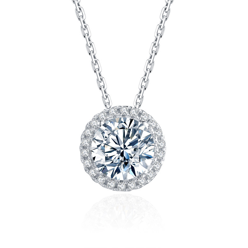 Petite Round Cut Halo Lab Cultured Diamond Necklace With Double-Sided Bevelled Chain near side view