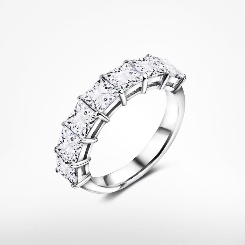 Half Eternity 7 Princess Cut Shared Prong Cultivated Diamond Ring With Square Shank blank background