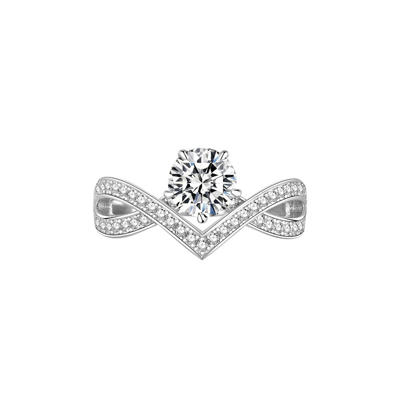 Crown Shaped 5 Prong Solitaire Lab Diamond Ring With Crisscross Split Pave Shoulder