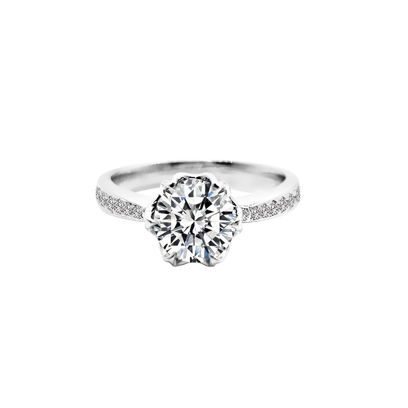 Floral Shaped Head Solitaire Round Cut Diamond Ring With Tapered Half Pave Shank