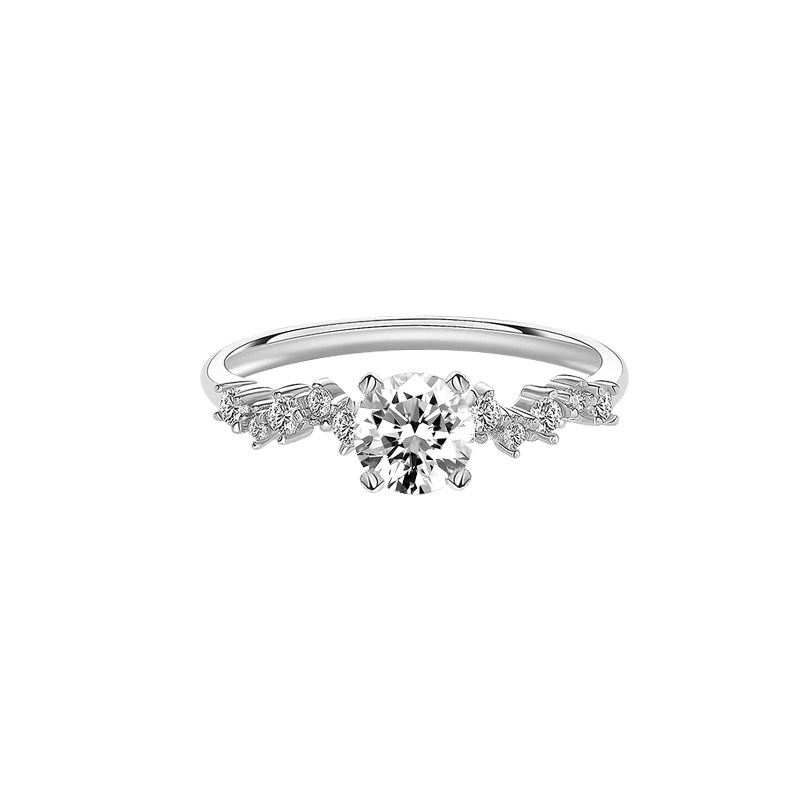 Four Prong Solitaire Round Cut Diamond Ring With Staggered Linked Small Stone Shoulder