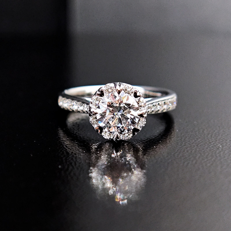 8 Prong Round Cut Halo Diamond Ring With Tapered Shoulder Half Pave Band font view