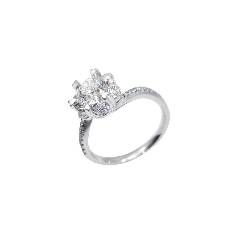 Heart Shaped Prong & Bud Head Round Cut Main Stone Diamond Ring With Half Pave Bypass Shank