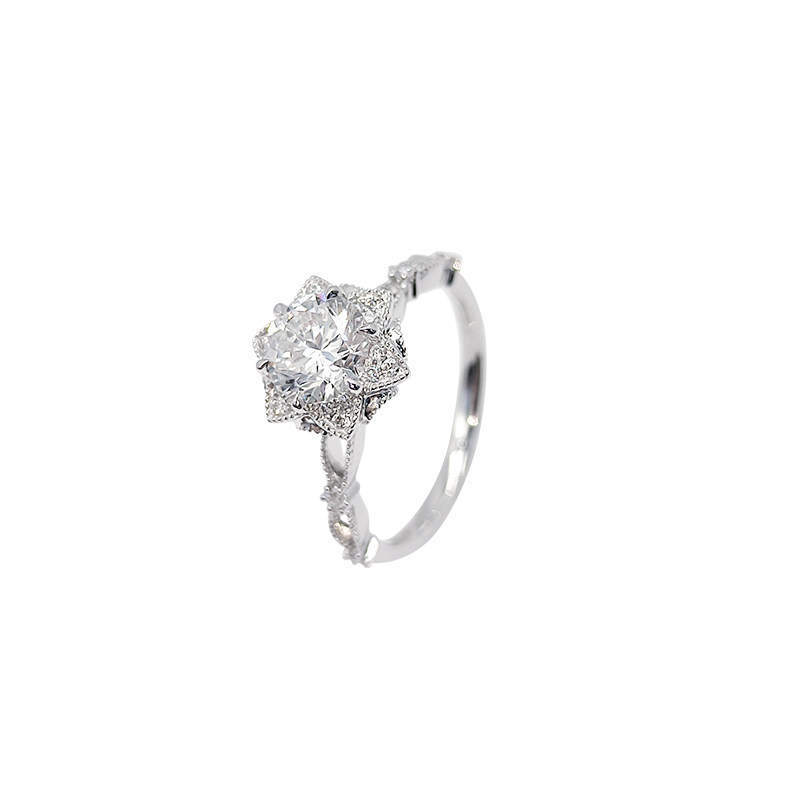6 Prong Round Cut & Pave Petal Head Diamond Ring With Split Crisscross Half Pave Shank
