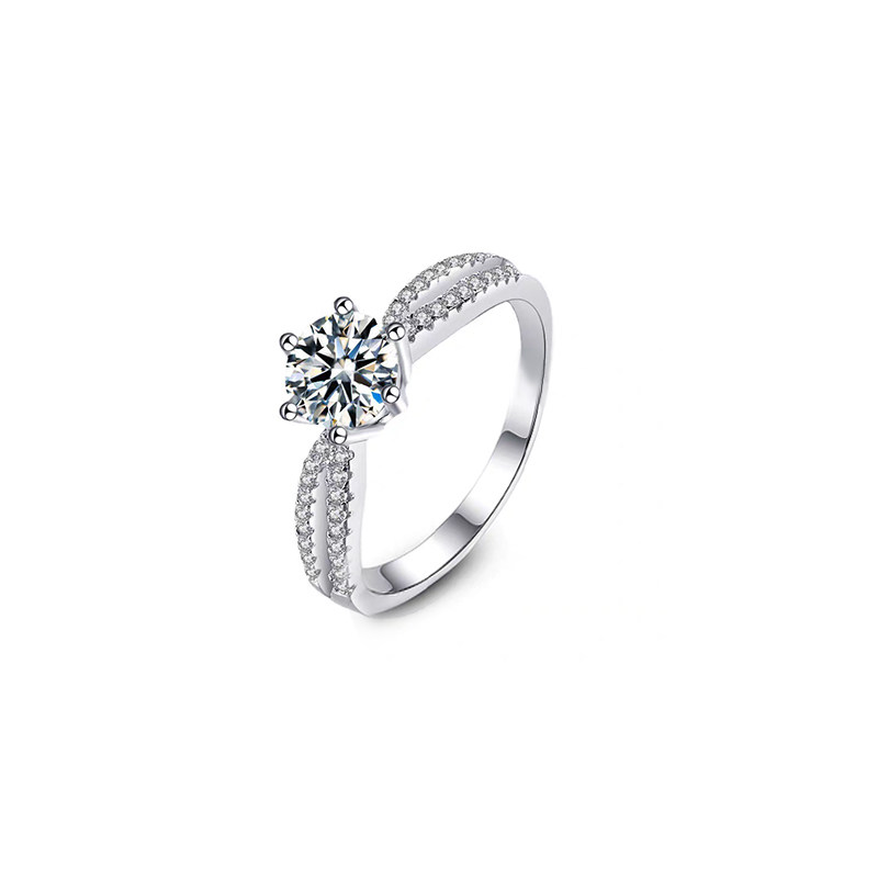 Six Prong Bud-Head Solitaire Round Diamond Ring With Half Pave Split Tapered Shank
