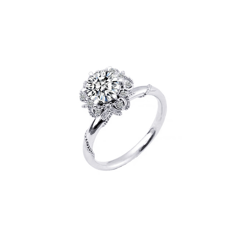 5 Prong Single Round Stone Floral Pave Setting With Single Twisted Beads Line On Round Shank