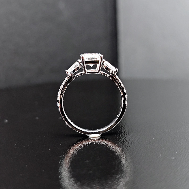 Brilliant 3 Stone Radiant Cut Engagement Ring With Half Pave Band side view