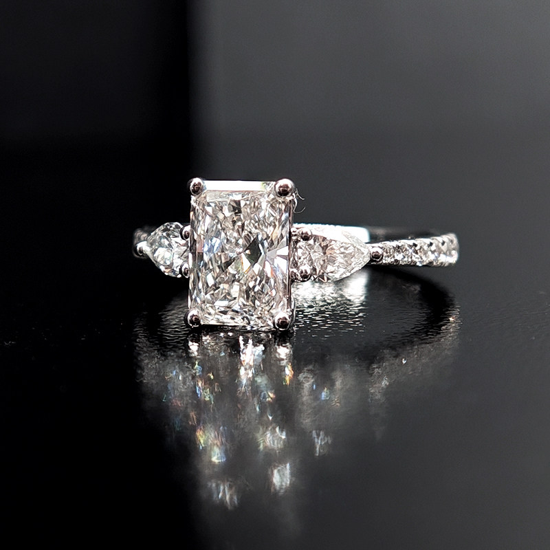 Brilliant 3 Stone Radiant Cut Engagement Ring With Half Pave Band details