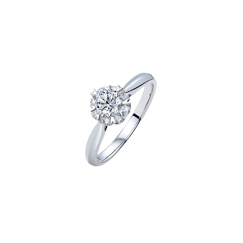 Snowflake Inspired Single Round Cut Halo Diamond Ring With Tapered Shank