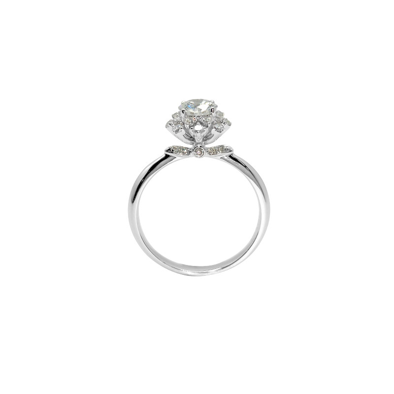 Single Round Floral Inspired Head Hidden Halo Diamond Ring With Domed Outer Shank