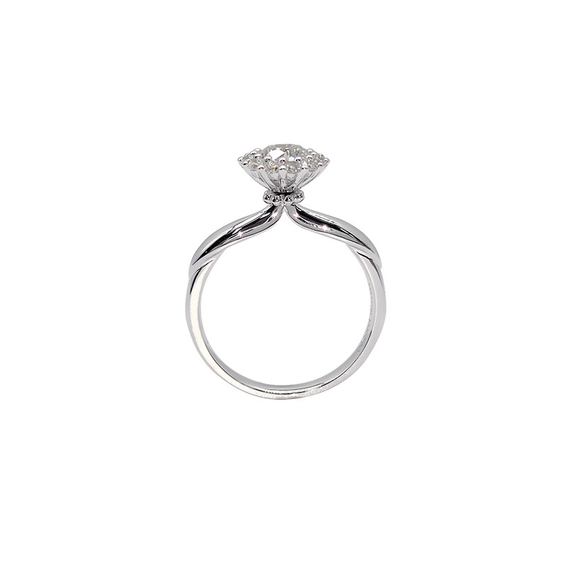 Floral Bud Head Hidden Halo Round Cut Diamond Ring With Intertwined Split Tapered Shank