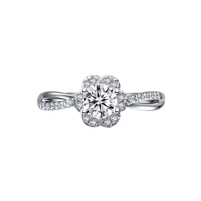 Single Round Cut 6 Petals Pave Head Diamond Ring With Split Single Row Half Pave Shank