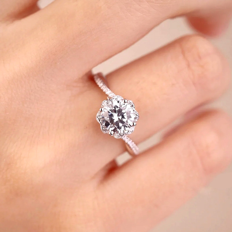 Single Round Cut 6 Petals Pave Head Diamond Ring With Split Single Row Half Pave Shank wearing effect